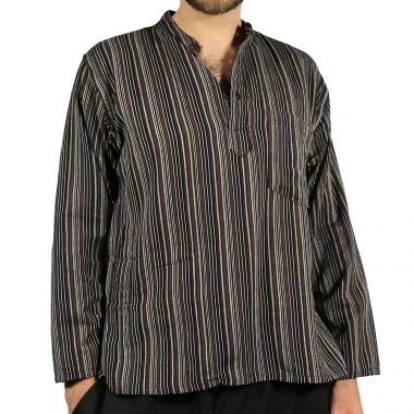 Striped Light Brown Grandad Shirt - Large