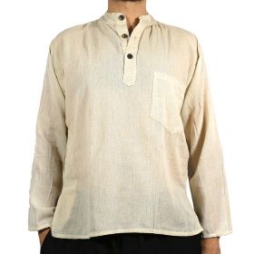 Plain Cream Cotton Grandad Shirt - Large